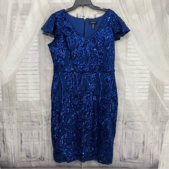 R & M Richards Size 14 Blue Sequined Dress Flutter Sleeve V Neck Cocktail Sheath - Picture 7 of 12